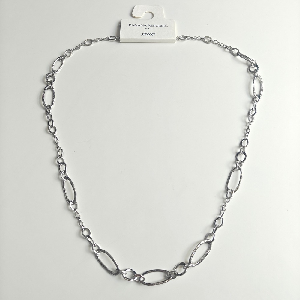Banana Republic Factory Silver Hammered Oval Link Long Necklace 30" NWT